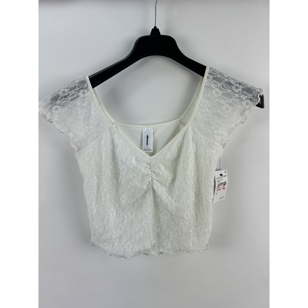 New ABOUND Womens S White Floral Lace Cap Sleeve Ruched Gathered Ruffle Crop Top